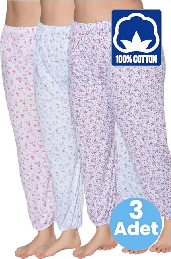Uniquetrenders Kadın %100 Pamuklu Desenli Emprime Lastikli Uzun Pijama Lastik Paçalı Don 3'Lü Set Beyaz 4XL - Image 1