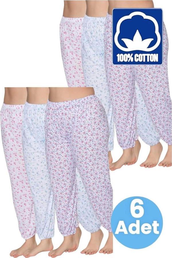 Uniquetrenders Kadın %100 Pamuklu Desenli Emprime Lastikli Uzun Pijama Lastik Paçalı Don 6'Lı Set Beyaz 3XL - Image 1