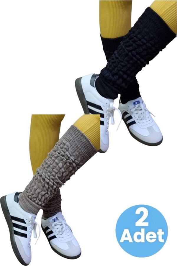 Uniquetrenders Kadın Dört Mevsim Ayaksız Triko Tozluk 2'Li Set Siyah - Vizon  - Image 1