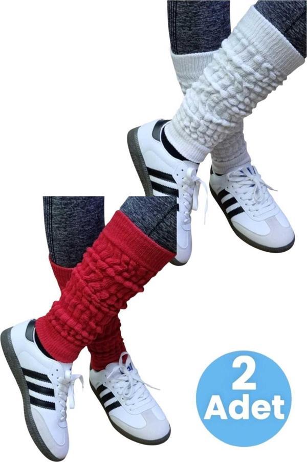 Uniquetrenders Kadın Dört Mevsim Ayaksız Triko Tozluk 2'Li Set Beyaz - Kırmızı  - Image 1