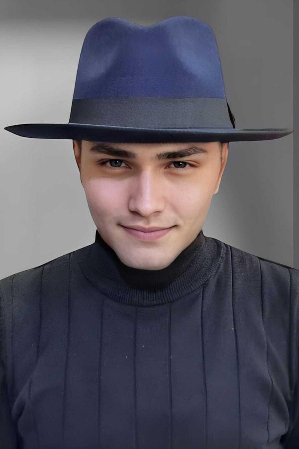 Uniquetrenders Erkek Panama Kaşe Biyeli Fötr Şapka Lacivert  - Image 1