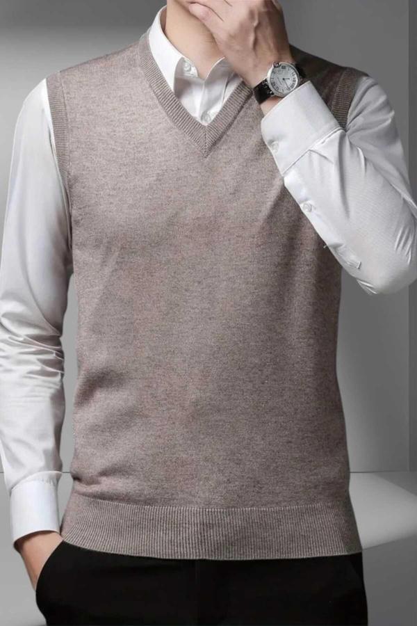Uniquetrenders Erkek V Yaka Triko Tüylenmez Süveter Erkek Slim Fit Süveter Camel L - Image 1