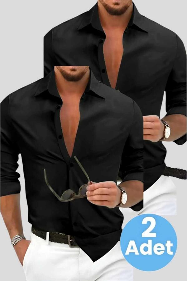 Uniquetrenders Slim Fit Kravatlık Uzun Kol Kolay Ütü Nefes Alan Dört Mevsim Slim Fit Erkek Gömlek 2'Li Set Siyah - Siyah L - Image 1