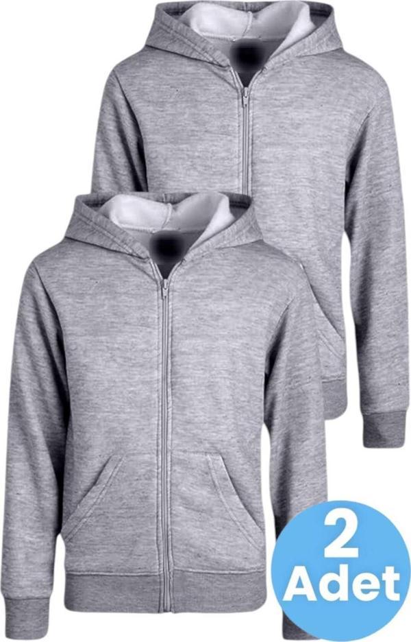 Uniquetrenders Çocuk Unisex Pamuklu Kapüşonlu Fermuarlı Sweatshirt 2'Li Set Gri 9 Yaş - Image 1