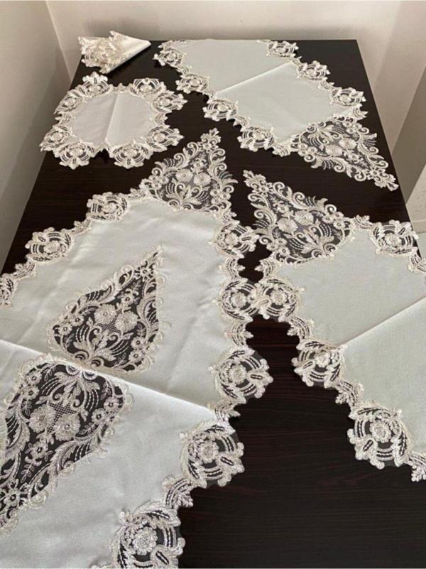 Ağaoğlu 5 Parça Salon Takımı Linen Kumaş Fransız Dantelli - Image 1
