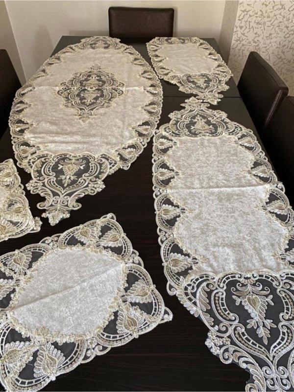 Ağaoğlu 5 Parça Fransız Dantelli Kadife Salon Takımı - Image 1
