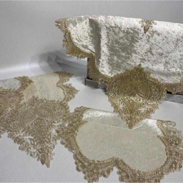 Apaydın Çeyiz Salon Takımı Kadife Kumaş 5 Parça Fransız Güpürlü Krem Gold - Image 1