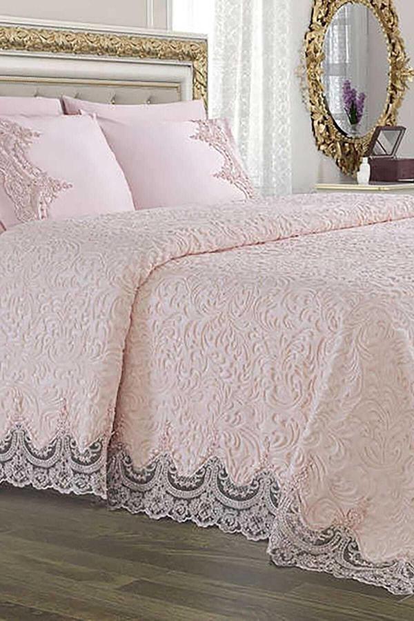 Halıstores Çeyizlik Fransız Dantelli Battaniye Takımı Arus Pudra - Image 1