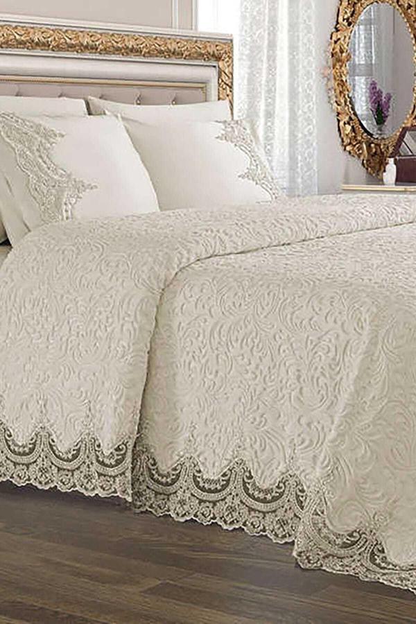 Halıstores Çeyizlik Fransız Dantelli Battaniye Takımı Arus Krem - Image 1