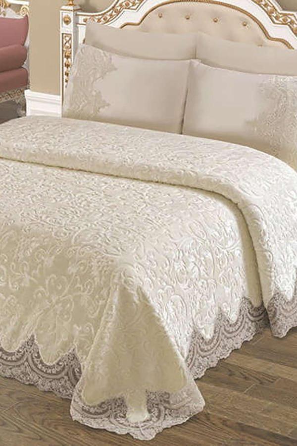 Halıstores Fransız Dantelli Çift Kişilik Battaniye Takımı Safir Krem - Image 1