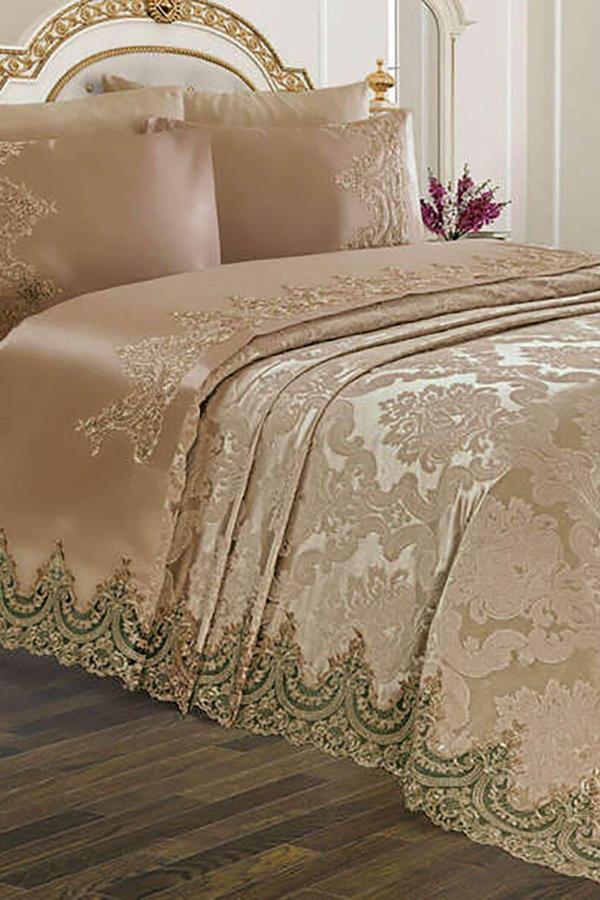 Halıstores Fransız Dantelli Çeyizlik Pike Takımı Mahfiruz Kapuçino - Image 1