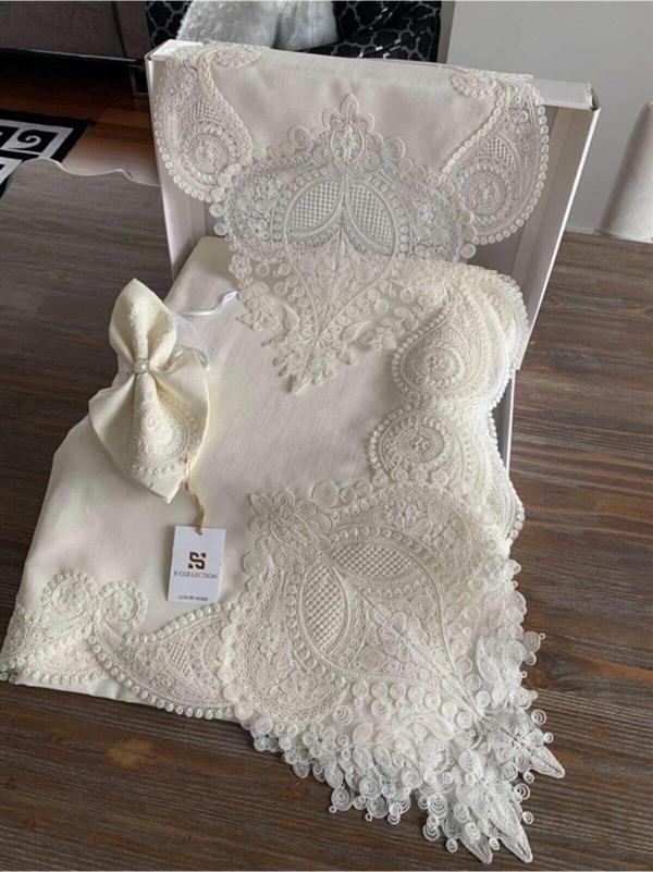 Safir Home Collection Salkım Masa Örtüsü 12 Kişilik Linen Kumas Krem Sofra Takımı - Image 1