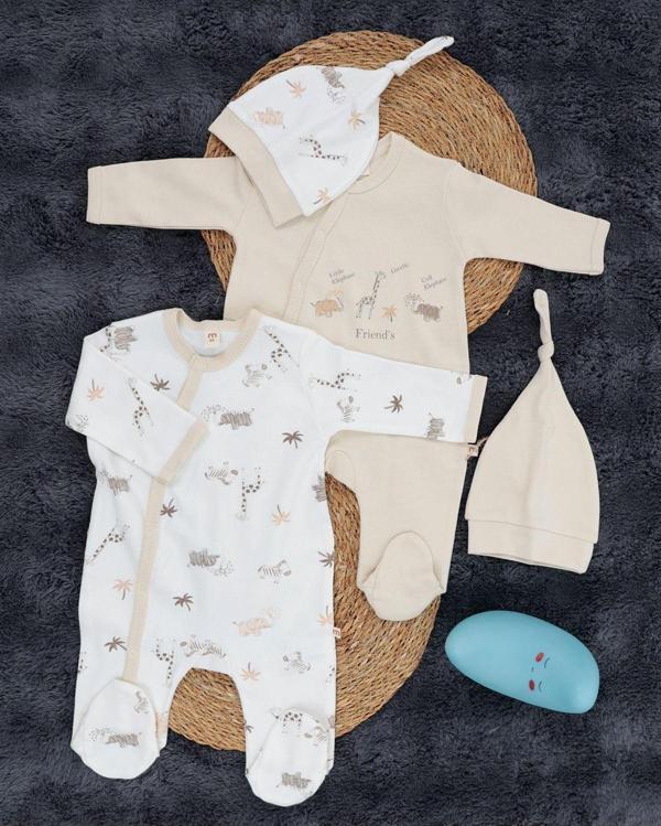 Miracool Çıtçıtlı 2’Li Bebek Tulum Seti /%100 Pamuklu Hayvan Figürlü – 2 Adet Şapka Hediyeli - Image 1