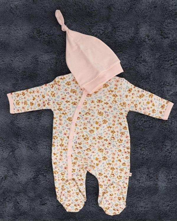 Miracool Çiçek Desenli Çıtçıtlı Bebek Tulumu / %100 Pamuklu / Şapka Hediyeli / Yenidoğan Tulum - Image 1