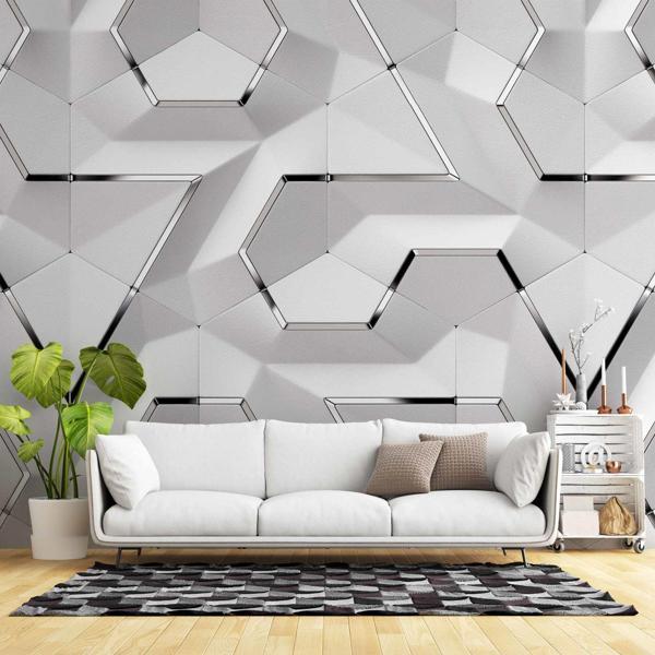 3 Boyutlu Beyaz Geometrik Kabartma Görünümlü Duvar Kağıdı Baskı - Image 1