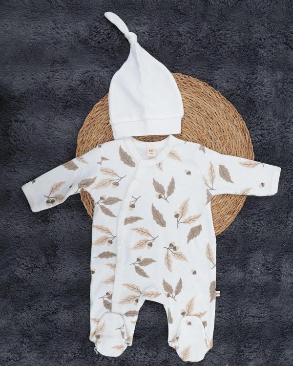 Miracool Yaprak Desenli Çıtçıtlı Bebek Tulum / %100 Pamuklu / Şapka Hediyeli Yenidoğan Tulum - Image 1