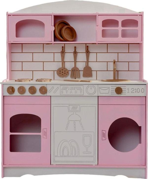 Buradadavar Hobi Ahşap Boyalı Pembe Ahşap Oyuncak Bulaşık Makine Detaylı Mutfak (Tabak Ve Spatula Seti Hediye) - Image 1