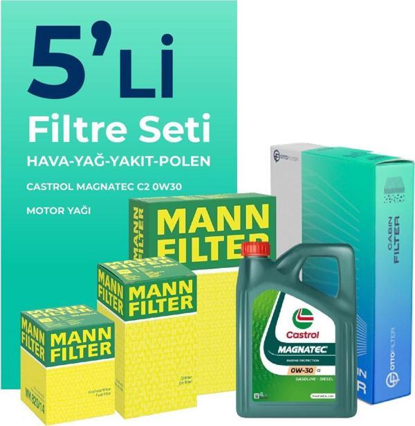 MANN Peugeot 308 1.6 BlueHDi Dizel Filtre Bakım Seti Castrol Motor Yağlı (2014-2018) 5 Li - Image 1