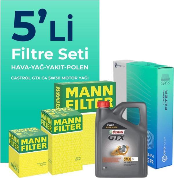 MANN Renault Kadjar 1.5 Dizel Filtre Bakım Seti Castrol Motor Yağlı (2015-2018) 5 Li - Image 1