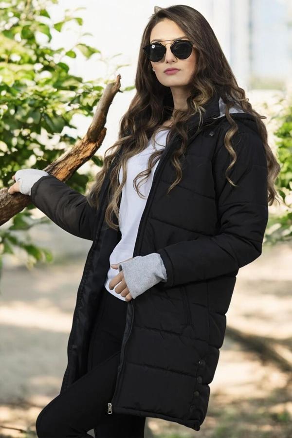 Kışlık Su Geçirmez Eldiven Detaylı Uzun Kadın Şişme Mont - Image 1