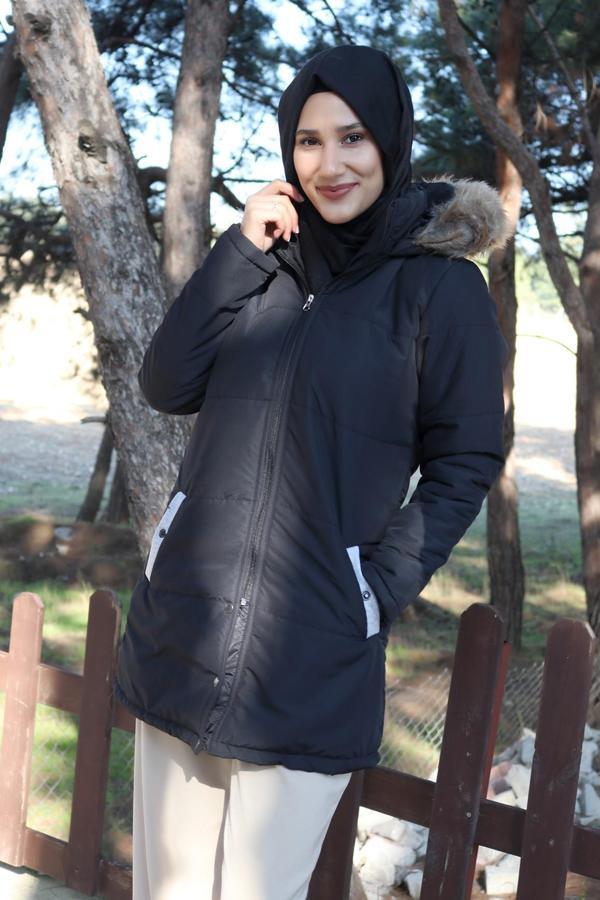 Kışlık Kürk Yaka Şişme Kadın Tesettür Mont - Image 1