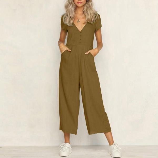 Keten Günlük Yazlık V Yaka Kısa Paça Tasarım Kadın Tulum - Image 1