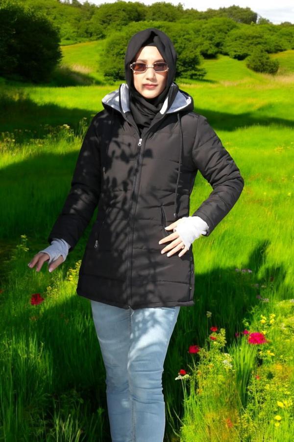 Kışlık Su Geçirmez Kapüşonlu Eldiven Detaylı Uzun Şişme Mont - Image 1