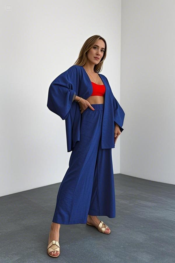 Keten Kadın Salaş Lacivert Kimono İkili Takim - Image 1