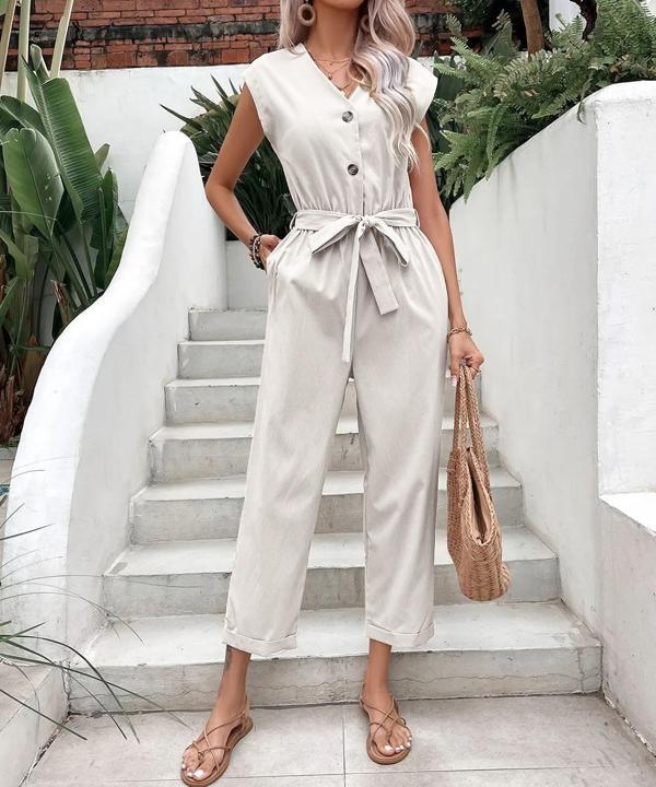 Keten Kadın V Yaka Tek Sıra Düğmeli Kolsuz Tulum - Image 1