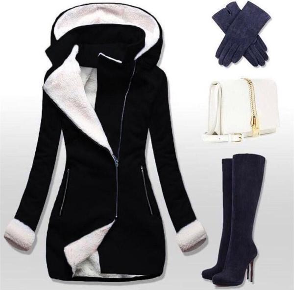 Kışlık Günlük Kapüşonlu Kaşe Kadın Kaban - Image 1