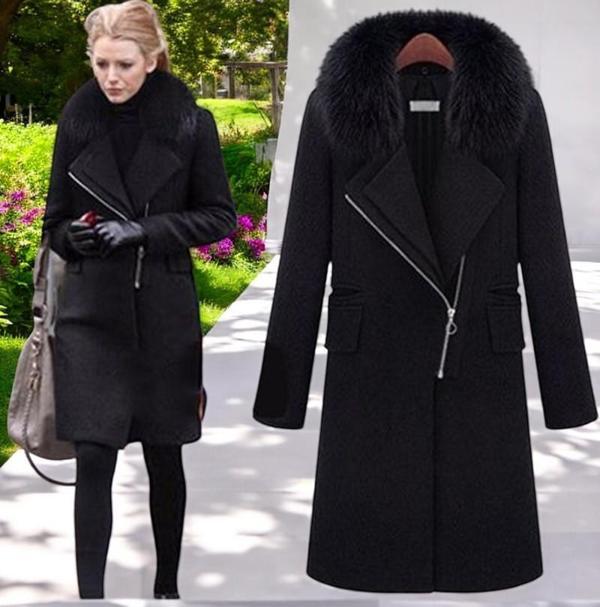 Kışlık Çıkarılabilir Kürk Yaka Kaşmir Kaşe Kadın Kaban - Image 1