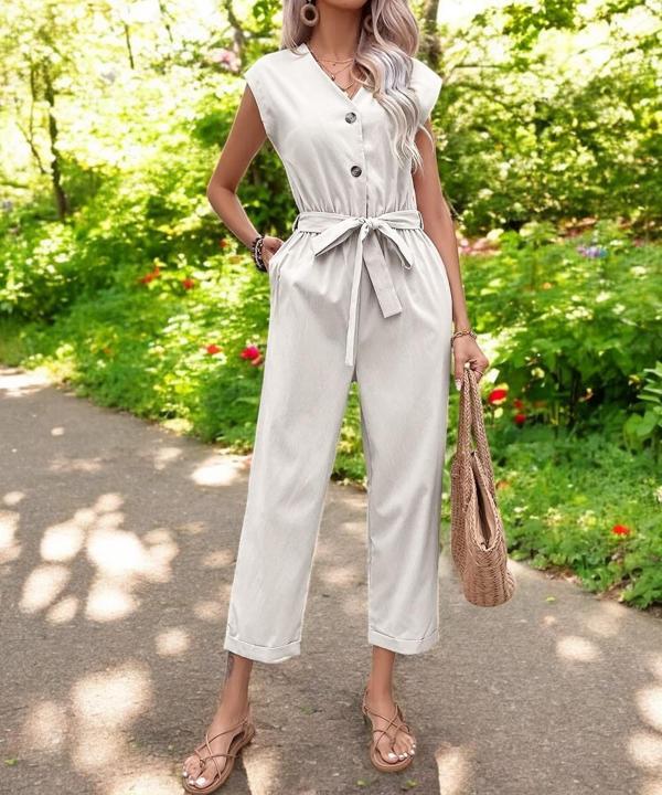 Yazlık Kolsuz V Yaka Keten Takım - Image 1