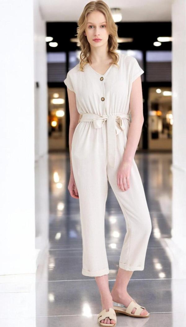 Yazlık V Yaka Kolsuz Keten Takım - Image 1