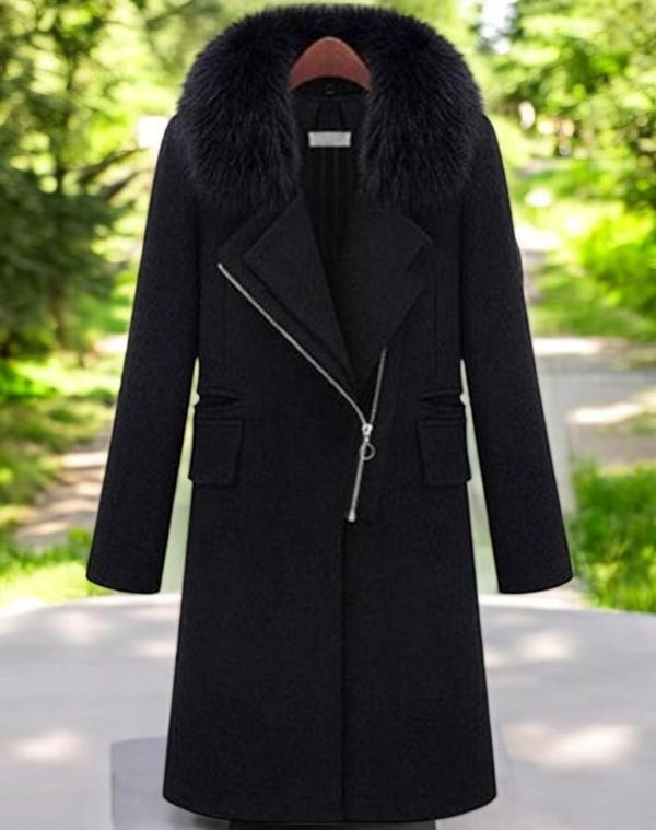 Kışlık Çıkarılabilir Kürk Yaka Kaşe Kadın Kaban - Image 1