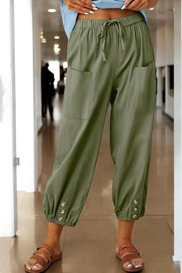 Beli Lastikli Düğme Detaylı Yazlık Keten pantolon - Image 1