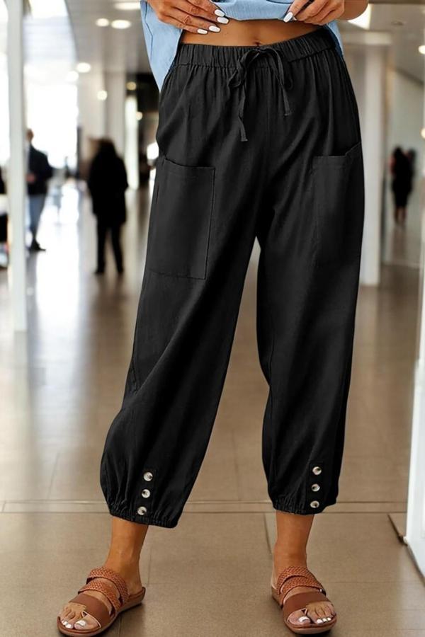Yazlık Düğme Detaylı Keten Pantolon - Image 1