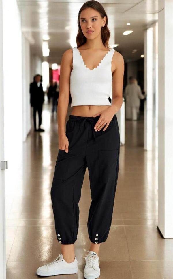 Yazlık Düğme Detaylı Kadın Keten Pantolon - Image 1