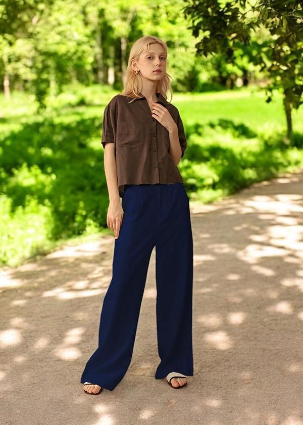 Günlük Tasarım Düğmeli Keten Pantolon - Image 1