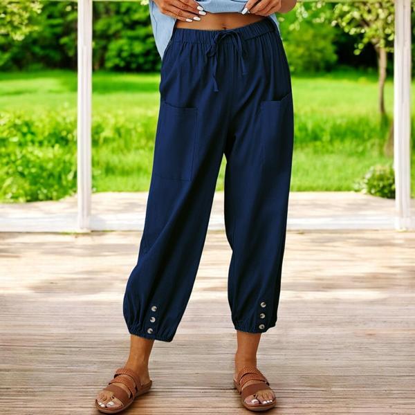Günlük Düğme Detaylı Keten Pantolon - Image 1
