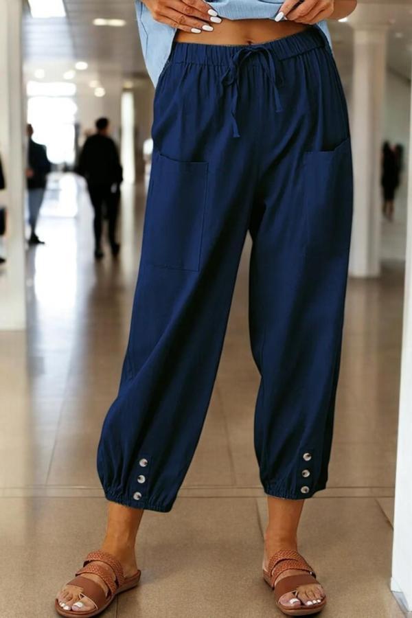 Günlük Düğme Detaylı Şık Keten Pantolon - Image 1