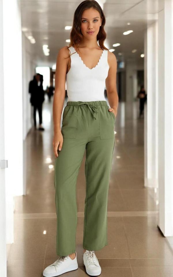 Beli Bağcıklı Yazlık Kadın Keten Pantolon - Image 1