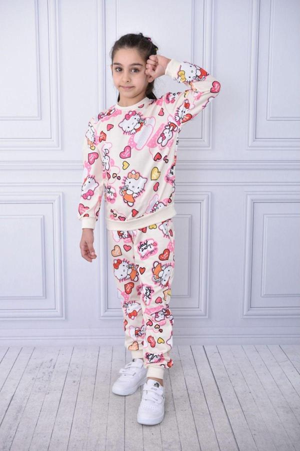 Nbgiyim Yeni Sezon Hello Kitty Baskılı Şardonlu Uzun Kollu Altüst İkili Takım Çocuk Giyim - Image 1