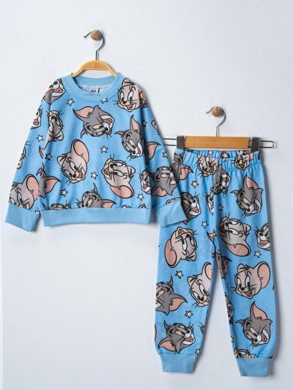 Riysgiyim Uzun Kollu Tom Ve Jerry Mavi Renk Baskılı Çocuk Alt Üst Eşofman Takımı - Image 1