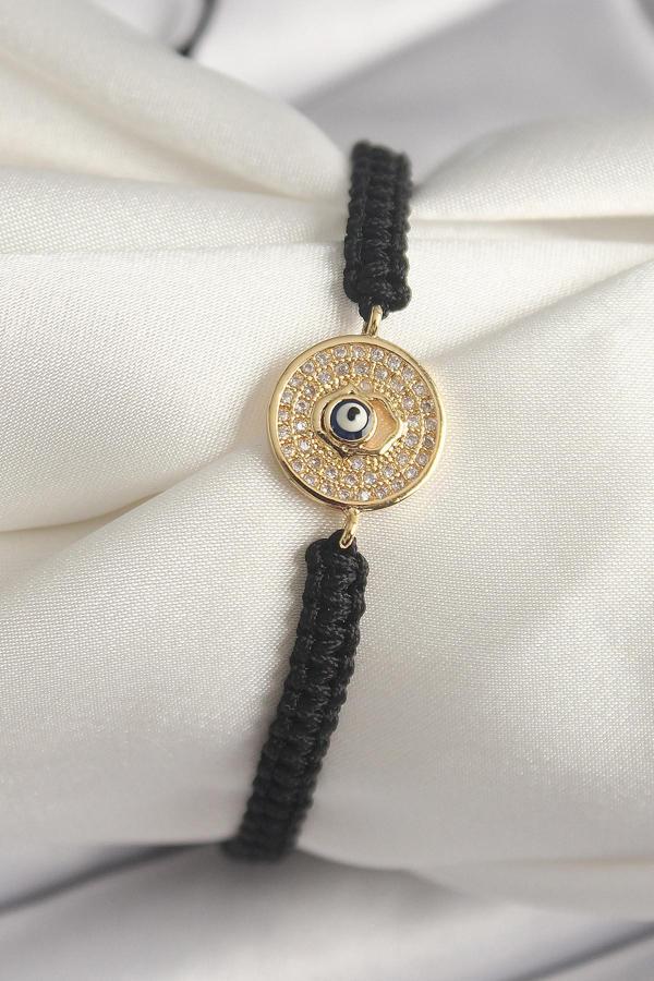 Pirinç Gold Renk Zirkon Taşlı Nazar Boncuk İşleme Makrome Asansörlü Model Kadın Bileklik - EBJ250301W31644 - Image 1