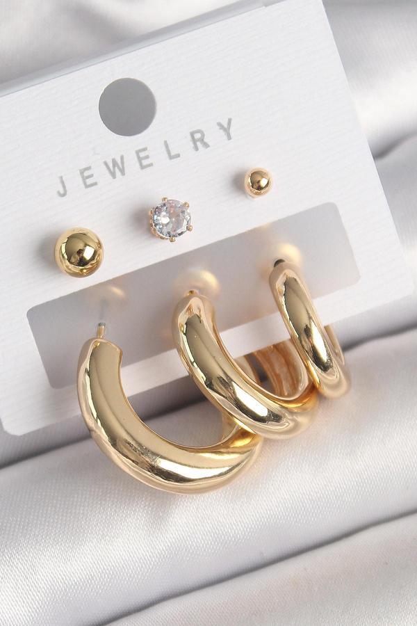 Pirinç Gold Renk Halka Model Zirkon Taşlı Topçuk Detay Kadın Küpe - EBJ250301W31579 - Image 1