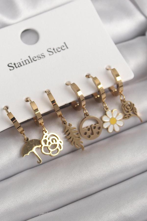 Gold Renk Sallantı Çiçek Model Kadın Küpe Seti - EBJ250301W31539 - Image 1