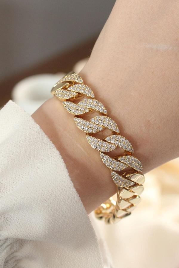 Vip Seri Pirinç Ortası Zirkon Taşlı Gold Renk Gurmet Bileklik - EBJ240820W26332 - Image 1