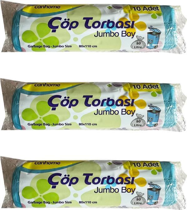 Canhome Jumbo Boy - Mavi -  210 Gr. - 80x110 Cm. - 80 Litre Çöp Torbası Poşeti - 10 Adetlik 3 Rulo - Image 1