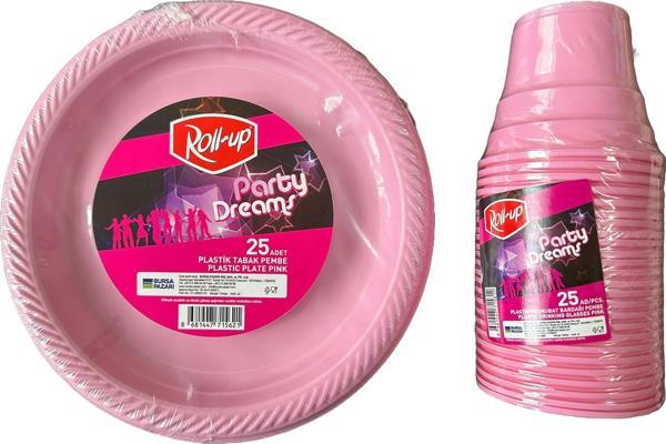 Ofis Catering Piknik Davet Doğum Günü Omeyva Sofra Seti - 25 Kişilik Pembe Tabak Bardak Takımı - Image 1