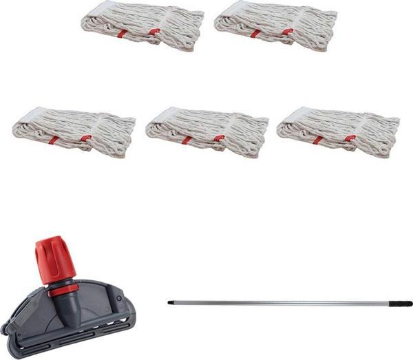 Cod-Ex Dar Yedek Islak Mop Takımı - 5 Adet Beyaz 450 Gr. 17 Cm. Islak Mop + Metal Sap + Mop Tutucu - Image 1